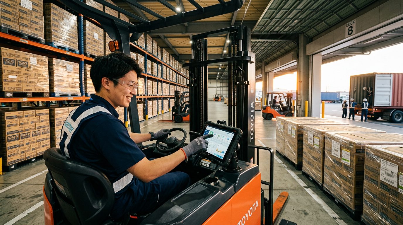 飲料メーカー出荷場でのヨビトラ導入事例：フォークリフト搭載タブレットで呼び出し
