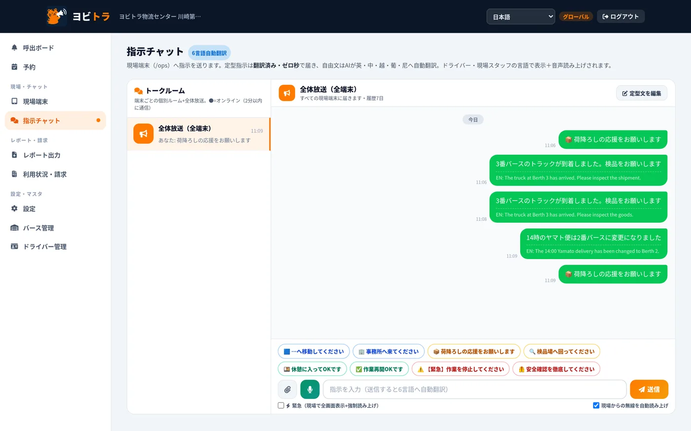 ヨビトラ管理画面の指示チャット:日本語の指示が英語に自動翻訳されて表示された実際の画面
