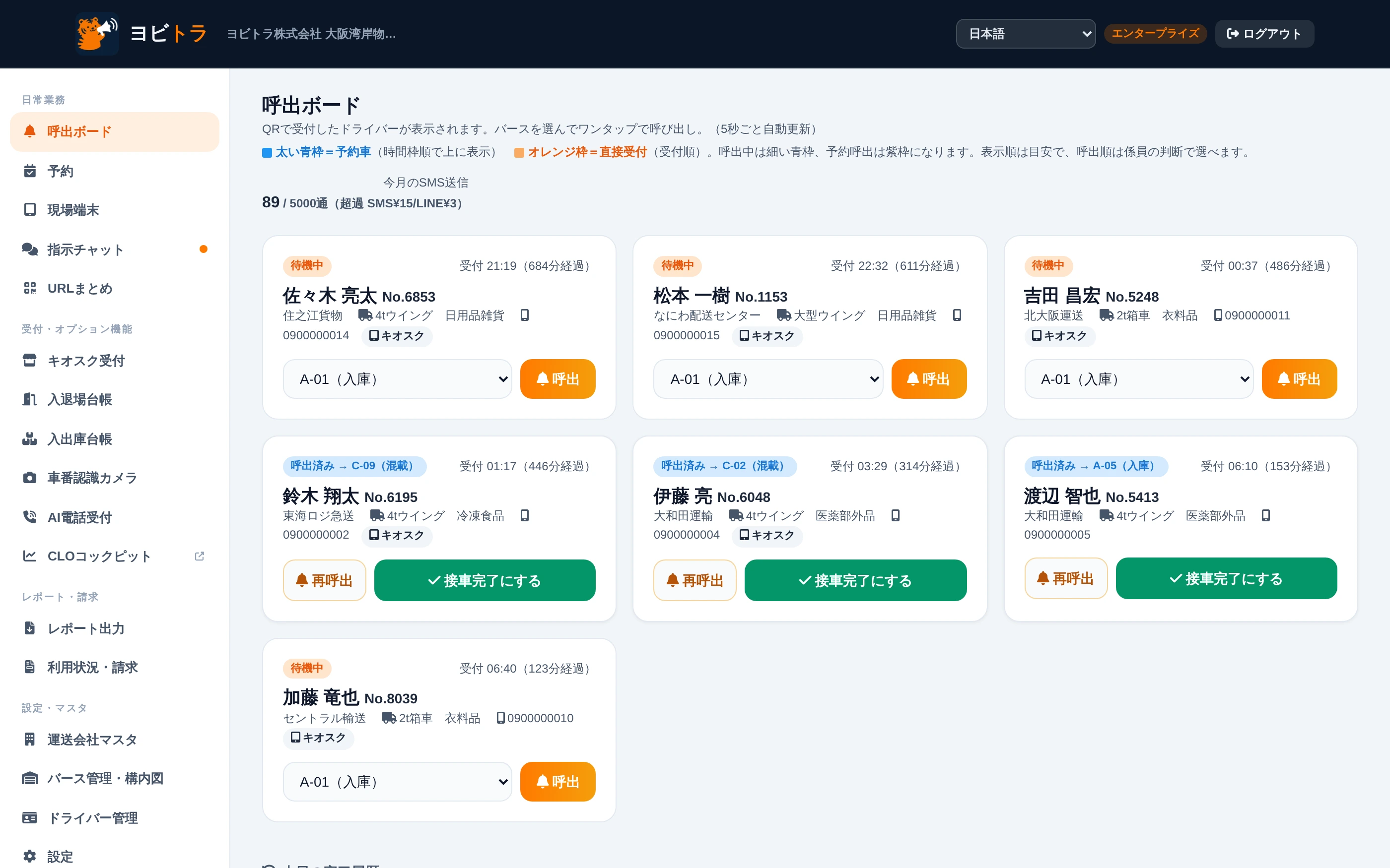 ヨビトラの呼出ボード実画面:待機中ドライバーのカードをワンタップで呼出し、状態がリアルタイムに切り替わる管理画面