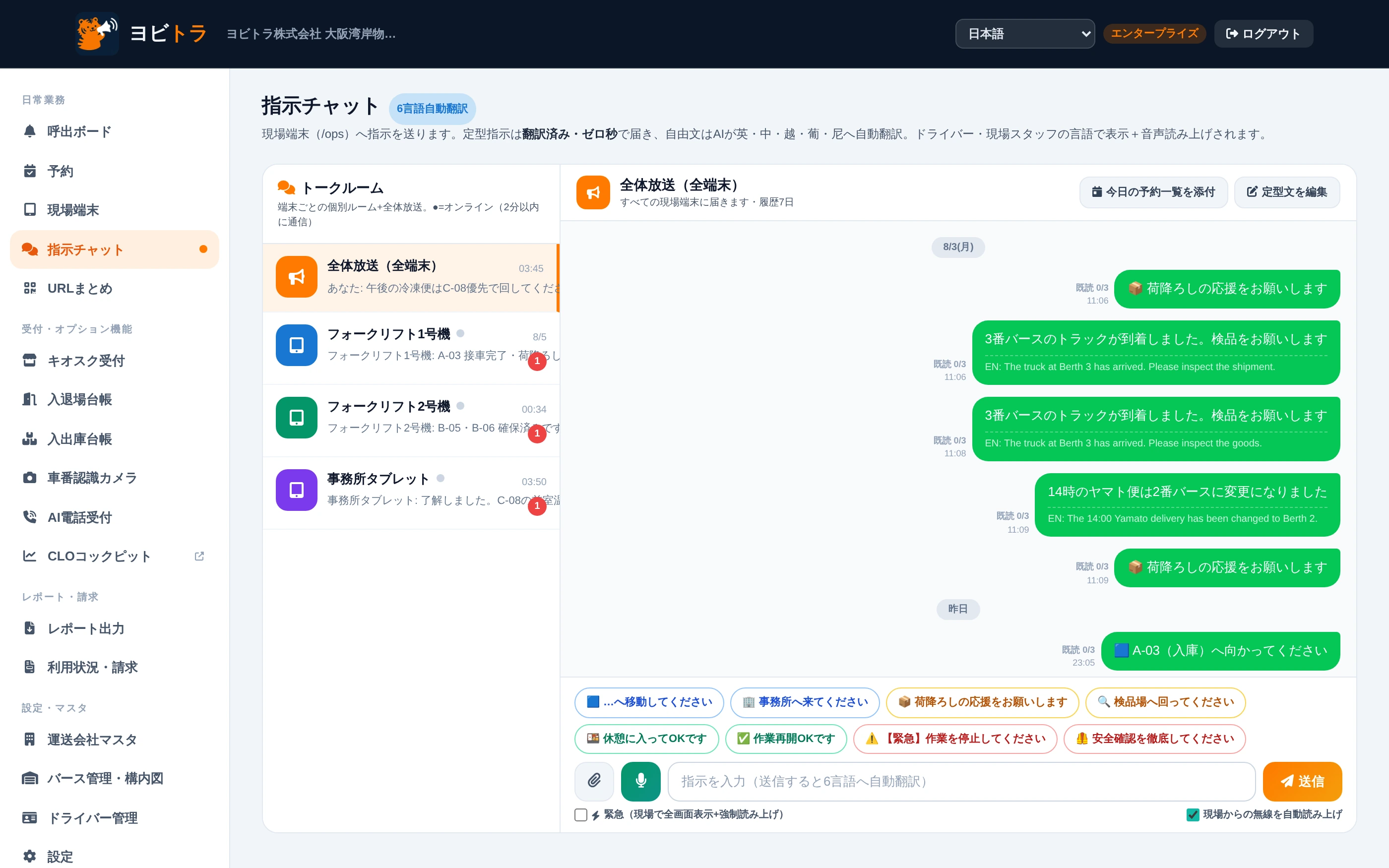 指示チャットの実画面：全体放送と端末別トークルーム、日本語の指示が自動翻訳されて配信される様子