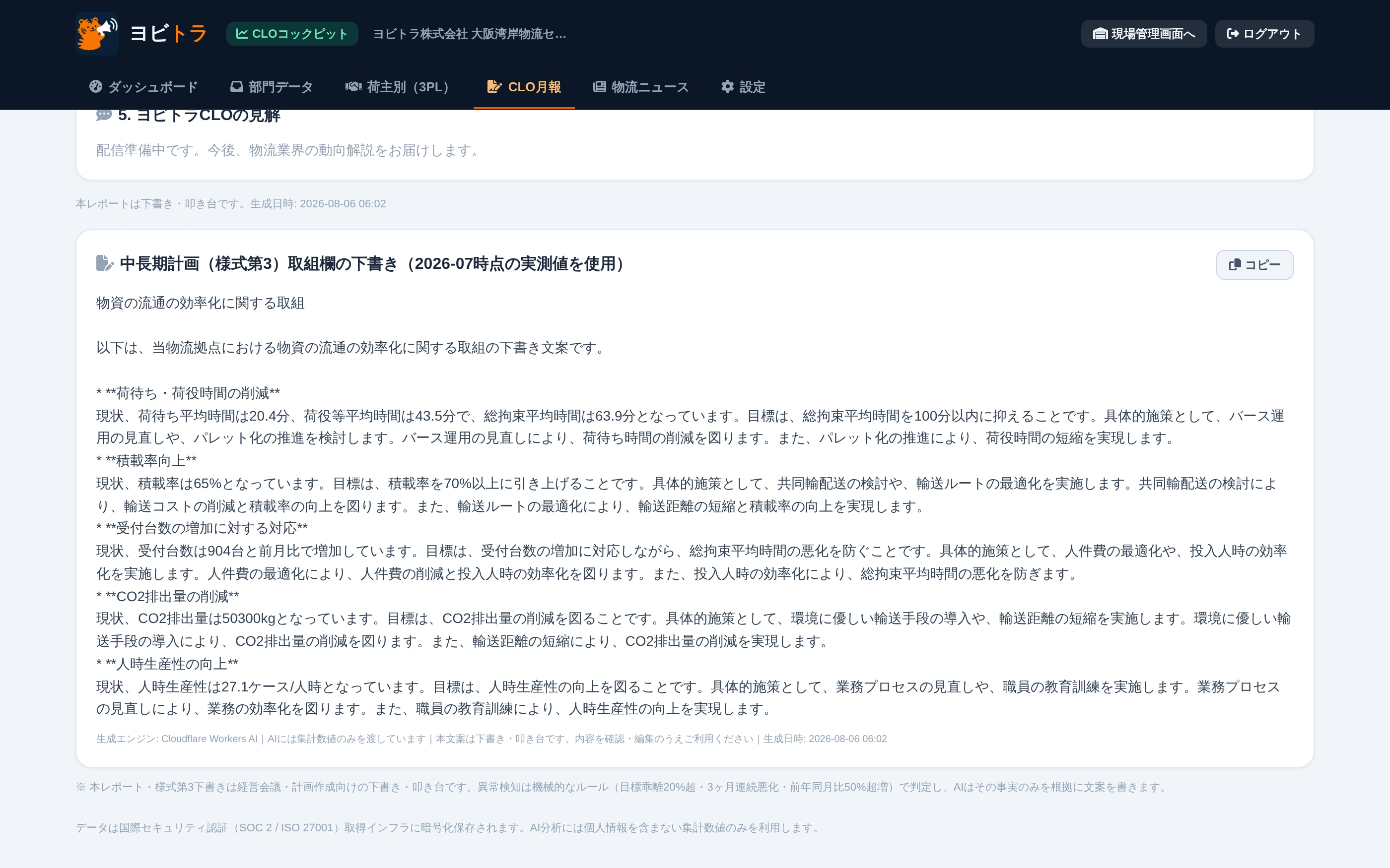 中長期計画(様式第3)下書き自動生成の実画面:蓄積された実測値から取組状況欄の下書き文面を自動作成